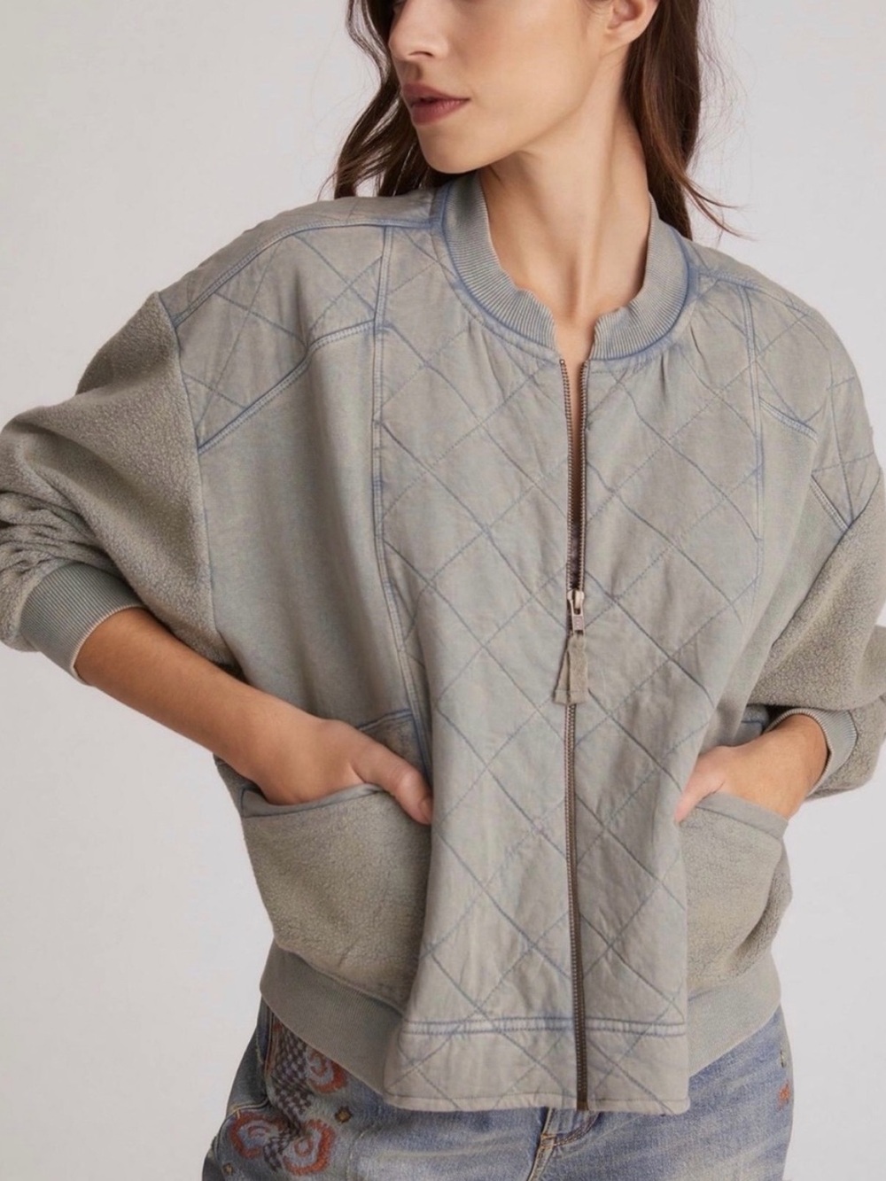 Anthropolgie Pilcro Quilted Bomber Jacket Washed Teal Blue Medium